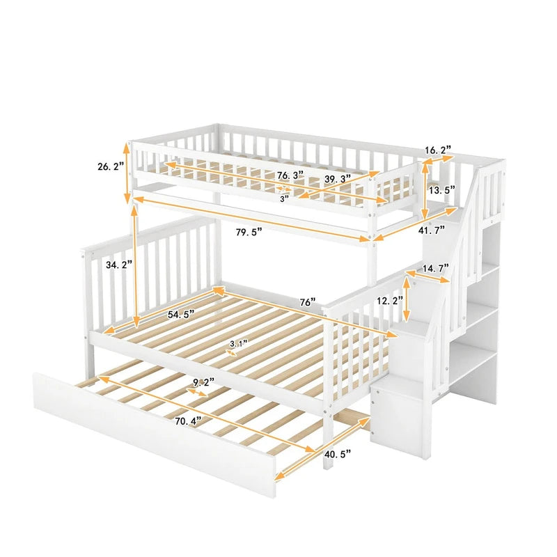 Lit superposé jumeau sur grand de couleur gris/blanc avec lit gigogne et escalier de rangement, pour 3 personnes