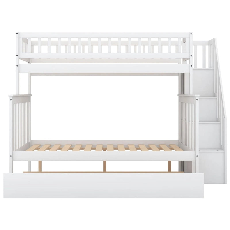 Lit superposé jumeau sur grand de couleur gris/blanc avec lit gigogne et escalier de rangement, pour 3 personnes
