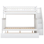 Lit superposé jumeau sur grand de couleur gris/blanc avec lit gigogne et escalier de rangement, pour 3 personnes