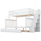 Lit superposé jumeau sur grand de couleur gris/blanc avec lit gigogne et escalier de rangement, pour 3 personnes