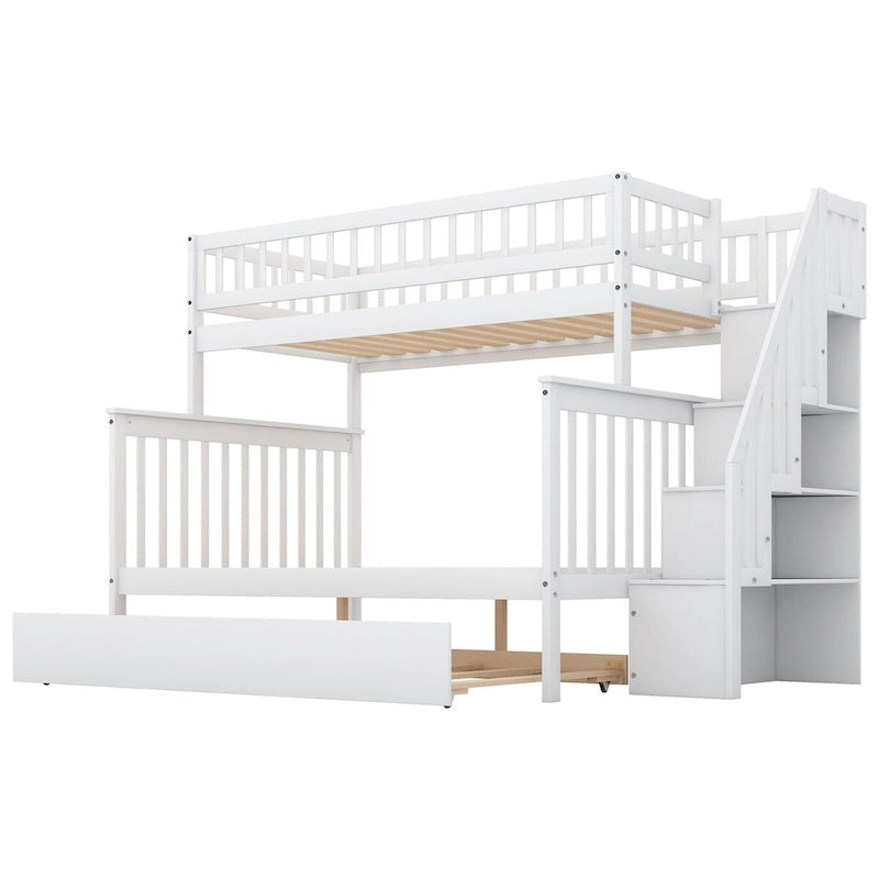 Lit superposé jumeau sur grand de couleur gris/blanc avec lit gigogne et escalier de rangement, pour 3 personnes
