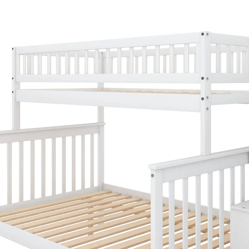 Lit superposé jumeau sur grand de couleur gris/blanc avec lit gigogne et escalier de rangement, pour 3 personnes