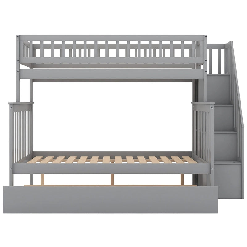 Lit superposé jumeau sur grand de couleur gris/blanc avec lit gigogne et escalier de rangement, pour 3 personnes