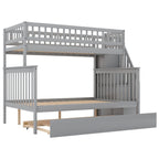 Lit superposé jumeau sur grand de couleur gris/blanc avec lit gigogne et escalier de rangement, pour 3 personnes