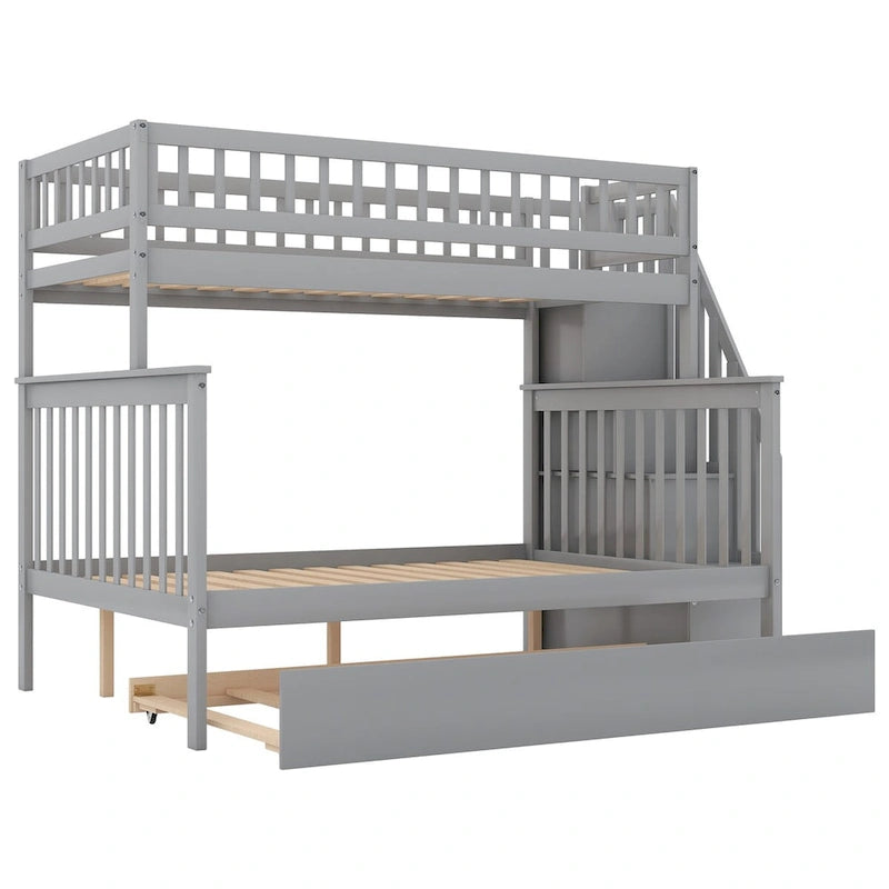 Lit superposé jumeau sur grand de couleur gris/blanc avec lit gigogne et escalier de rangement, pour 3 personnes