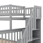 Lit superposé jumeau sur grand de couleur gris/blanc avec lit gigogne et escalier de rangement, pour 3 personnes