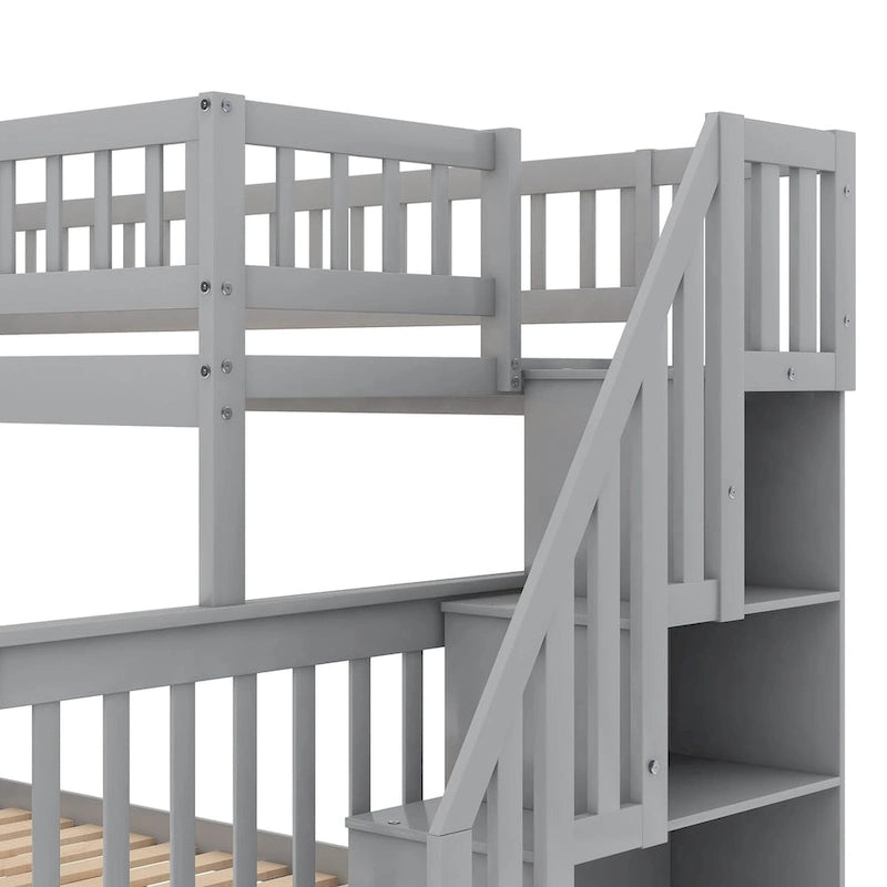 Lit superposé jumeau sur grand de couleur gris/blanc avec lit gigogne et escalier de rangement, pour 3 personnes