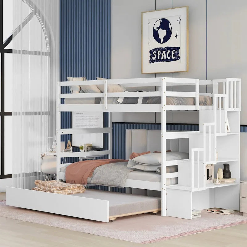 Twin Over Twin Pine Bunk Beds with Trundle, Storage Staircase, Guardrails