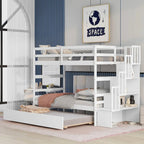 Twin Over Twin Pine Bunk Beds with Trundle, Storage Staircase, Guardrails