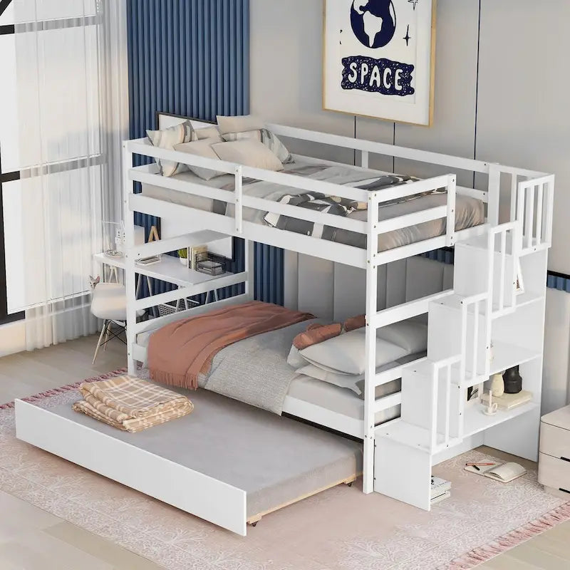 Lit superposé jumeau gris avec escalier de rangement et garde-corps, pour 2 enfants