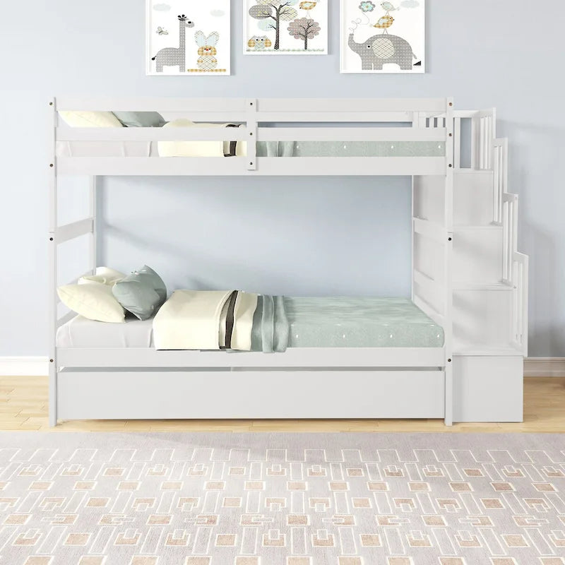 Lit superposé jumeau gris avec escalier de rangement et garde-corps, pour 2 enfants