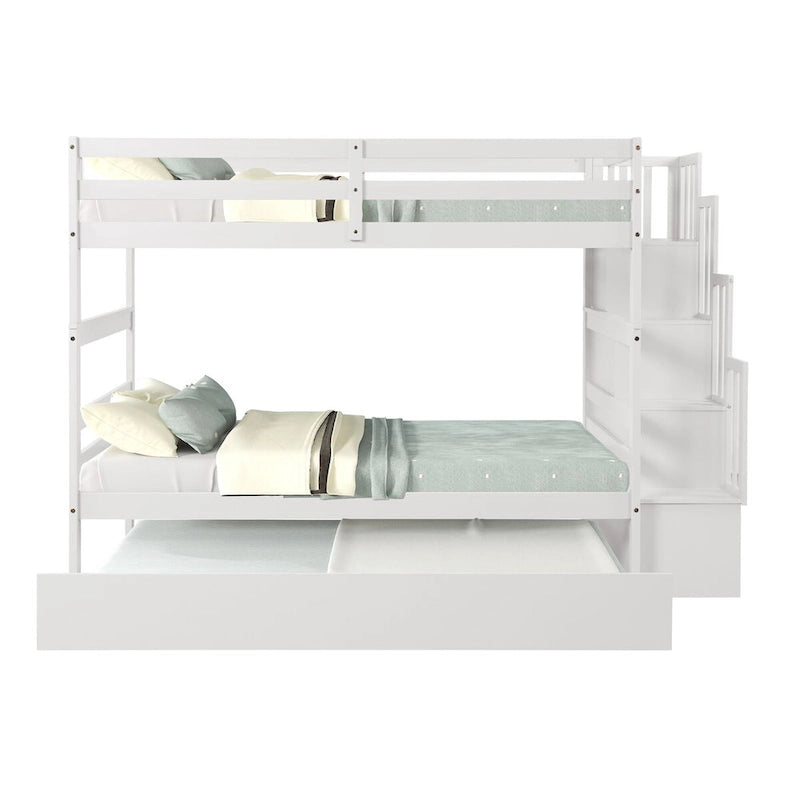 Lit superposé jumeau gris avec escalier de rangement et garde-corps, pour 2 enfants