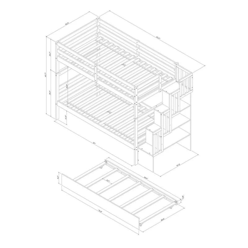 Lit superposé jumeau gris avec escalier de rangement et garde-corps, pour 2 enfants