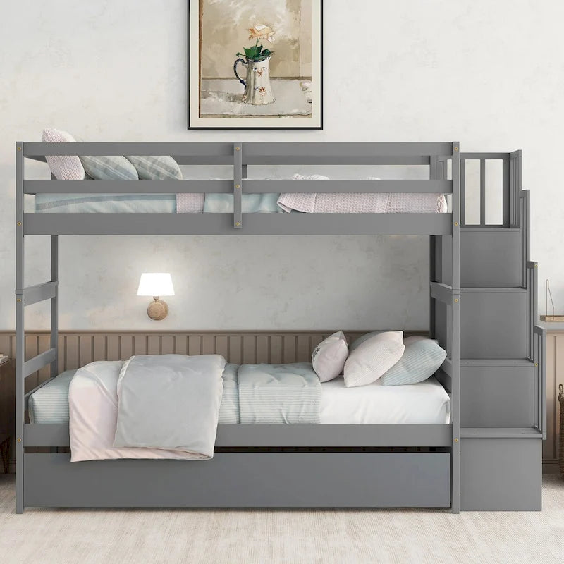 Lit superposé jumeau gris avec escalier de rangement et garde-corps, pour 2 enfants