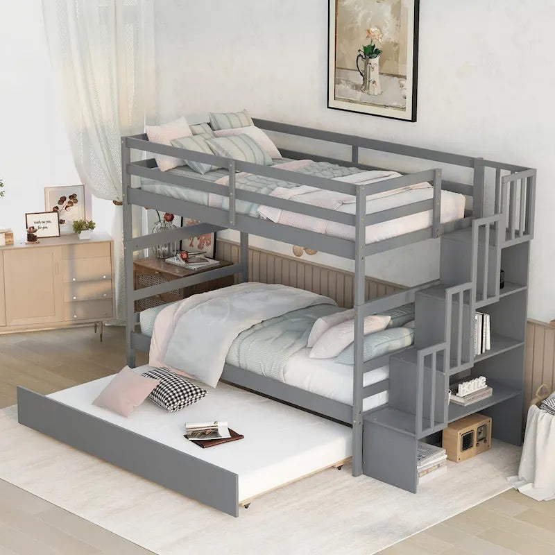 Lit superposé jumeau gris avec escalier de rangement et garde-corps, pour 2 enfants