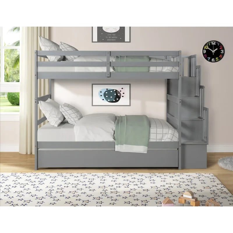 Lit superposé jumeau gris avec escalier de rangement et garde-corps, pour 2 enfants