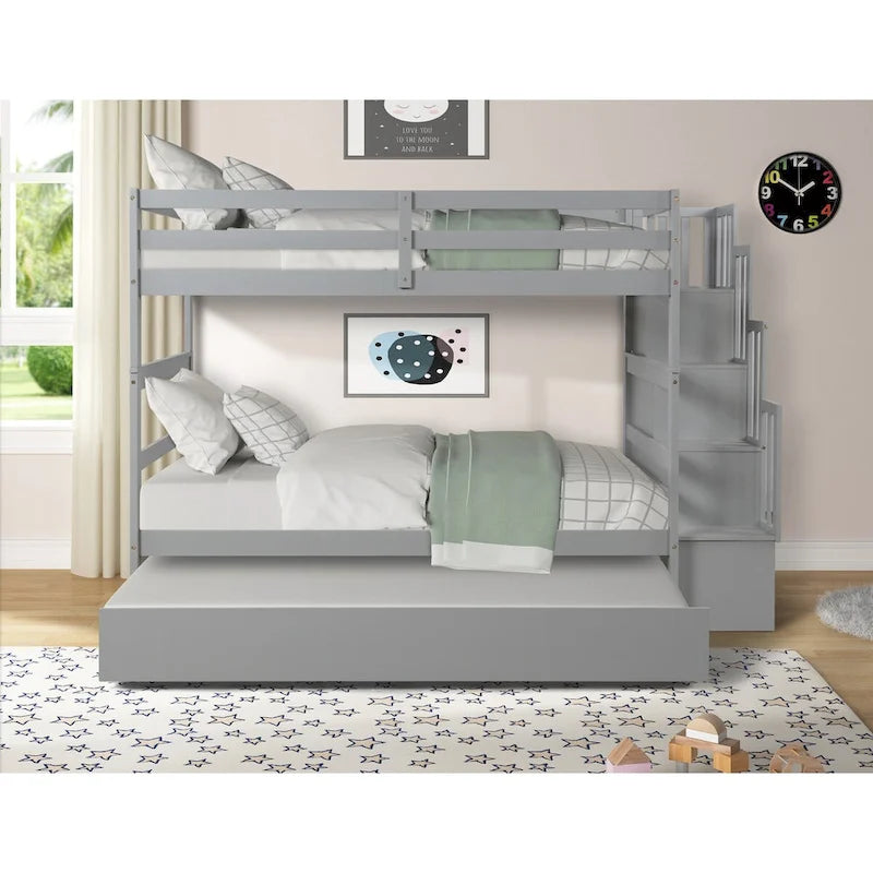 Lit superposé jumeau gris avec escalier de rangement et garde-corps, pour 2 enfants