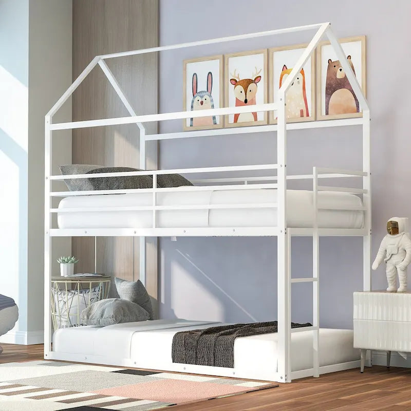 House Bunk Bed Metal Bed Frame with Built-in Ladder