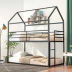 Lit superposé en métal de style cabane Noir/Blanc avec échelle, double sur double, pour 2 personnes