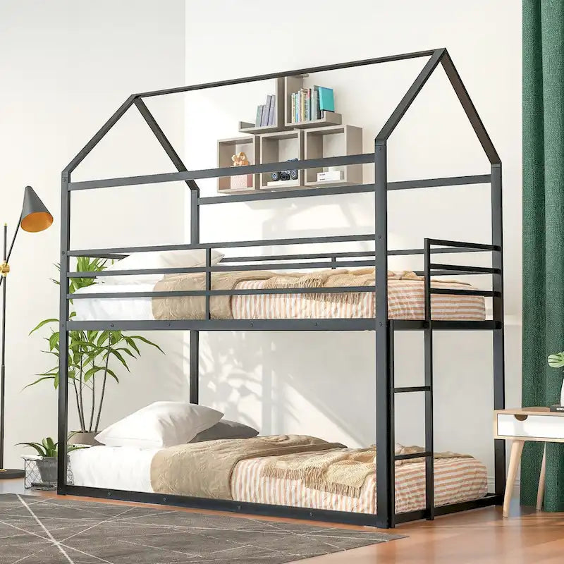 Lit superposé en métal de style cabane Noir/Blanc avec échelle, double sur double, pour 2 personnes
