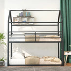 Lit superposé en métal de style cabane Noir/Blanc avec échelle, double sur double, pour 2 personnes