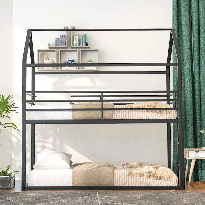 Lit superposé en métal de style cabane Noir/Blanc avec échelle, double sur double, pour 2 personnes
