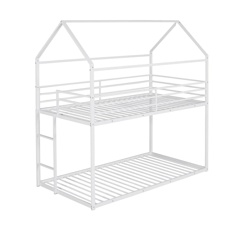 Lit superposé en métal de style cabane Noir/Blanc avec échelle, double sur double, pour 2 personnes