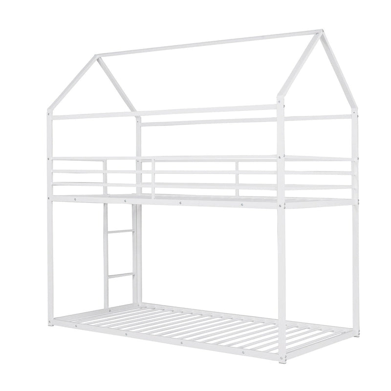 Lit superposé en métal de style cabane Noir/Blanc avec échelle, double sur double, pour 2 personnes