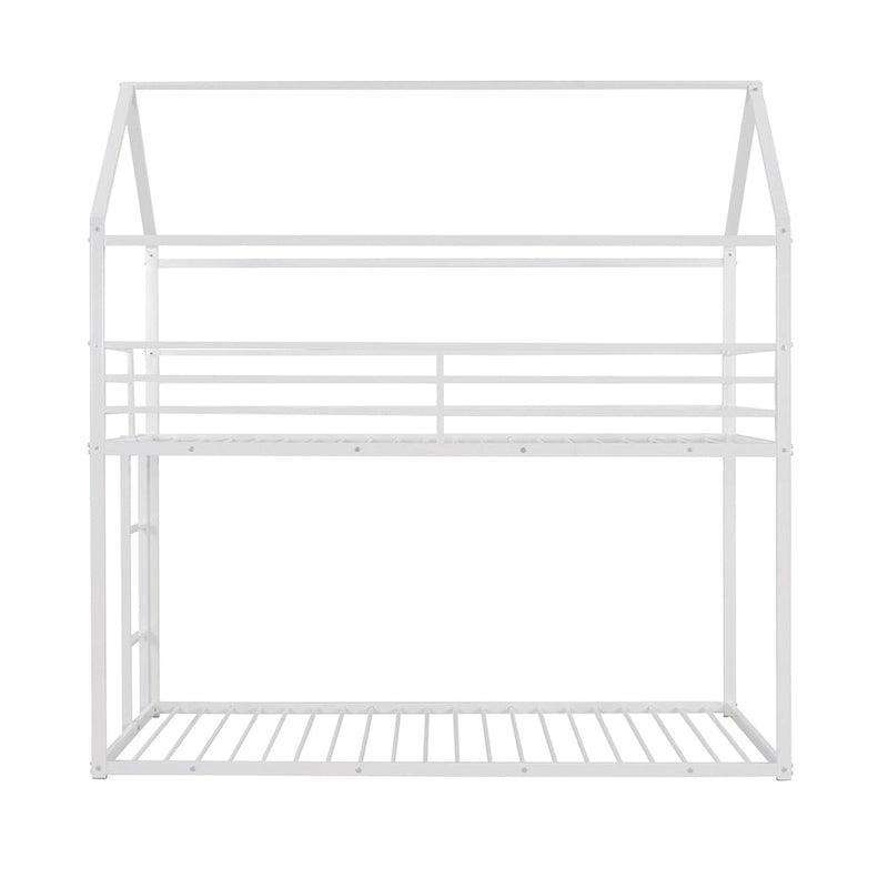 Lit superposé en métal de style cabane Noir/Blanc avec échelle, double sur double, pour 2 personnes