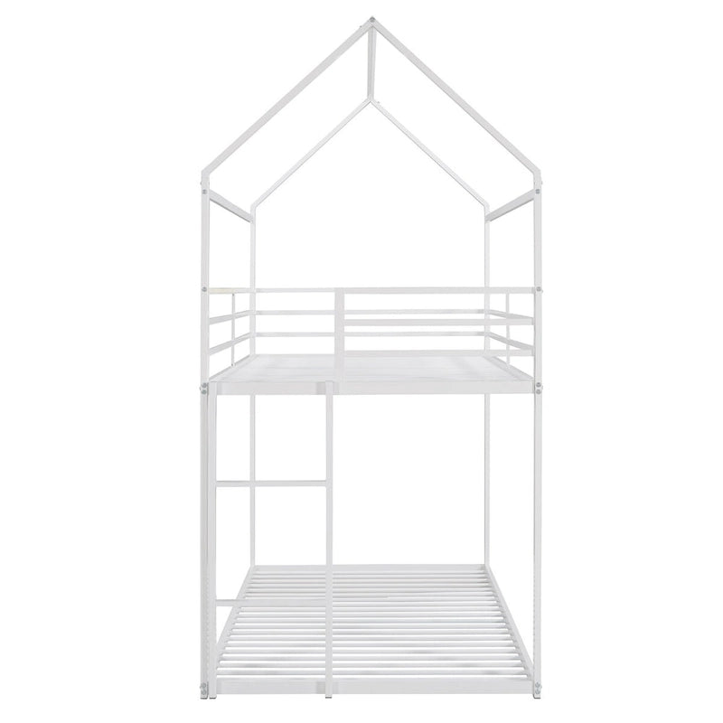 Lit superposé en métal de style cabane Noir/Blanc avec échelle, double sur double, pour 2 personnes