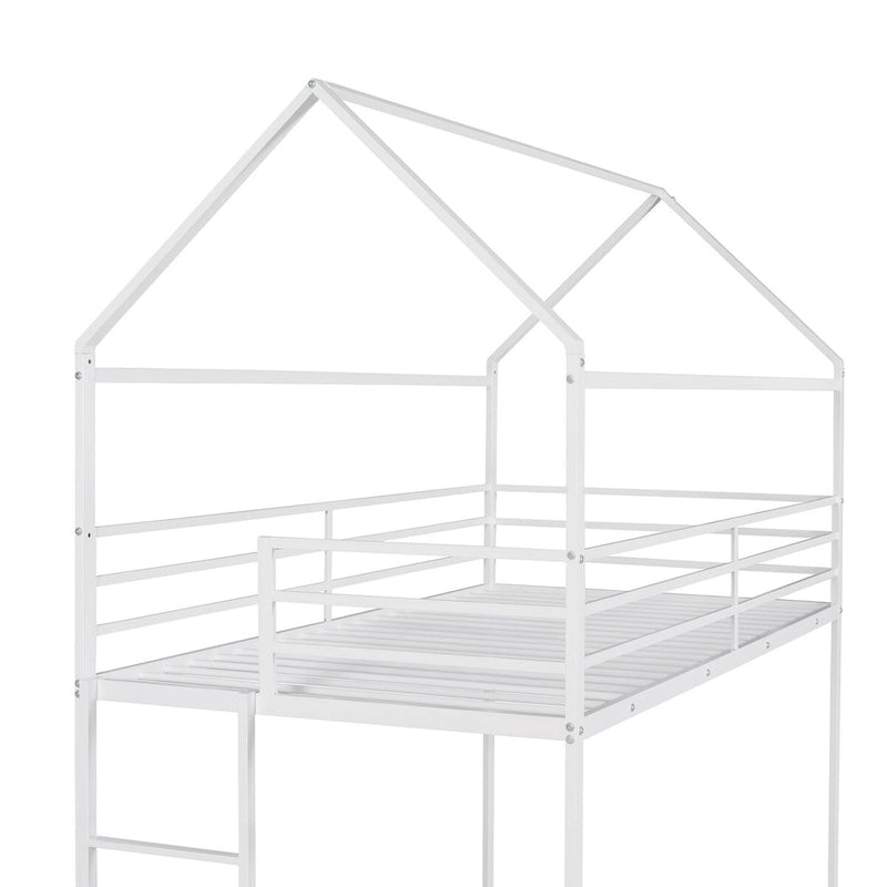 Lit superposé en métal de style cabane Noir/Blanc avec échelle, double sur double, pour 2 personnes