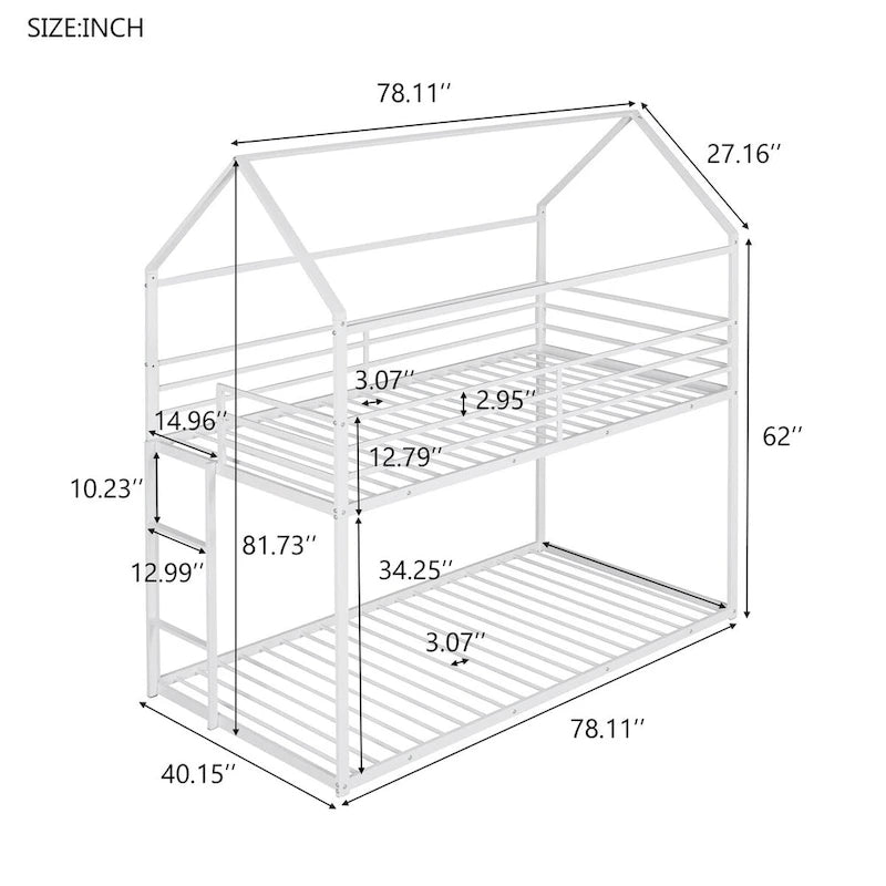 Lit superposé en métal de style cabane Noir/Blanc avec échelle, double sur double, pour 2 personnes