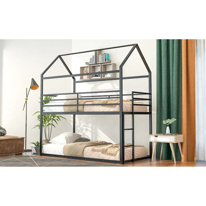 Lit superposé en métal de style cabane Noir/Blanc avec échelle, double sur double, pour 2 personnes