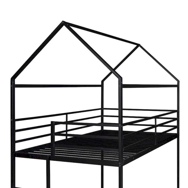 Lit superposé en métal de style cabane Noir/Blanc avec échelle, double sur double, pour 2 personnes
