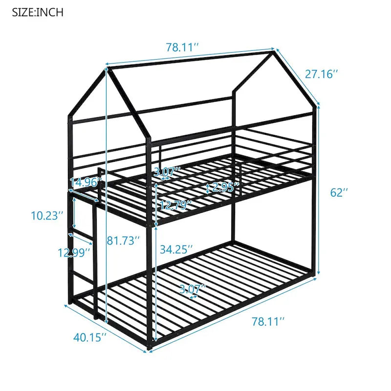 Lit superposé en métal de style cabane Noir/Blanc avec échelle, double sur double, pour 2 personnes