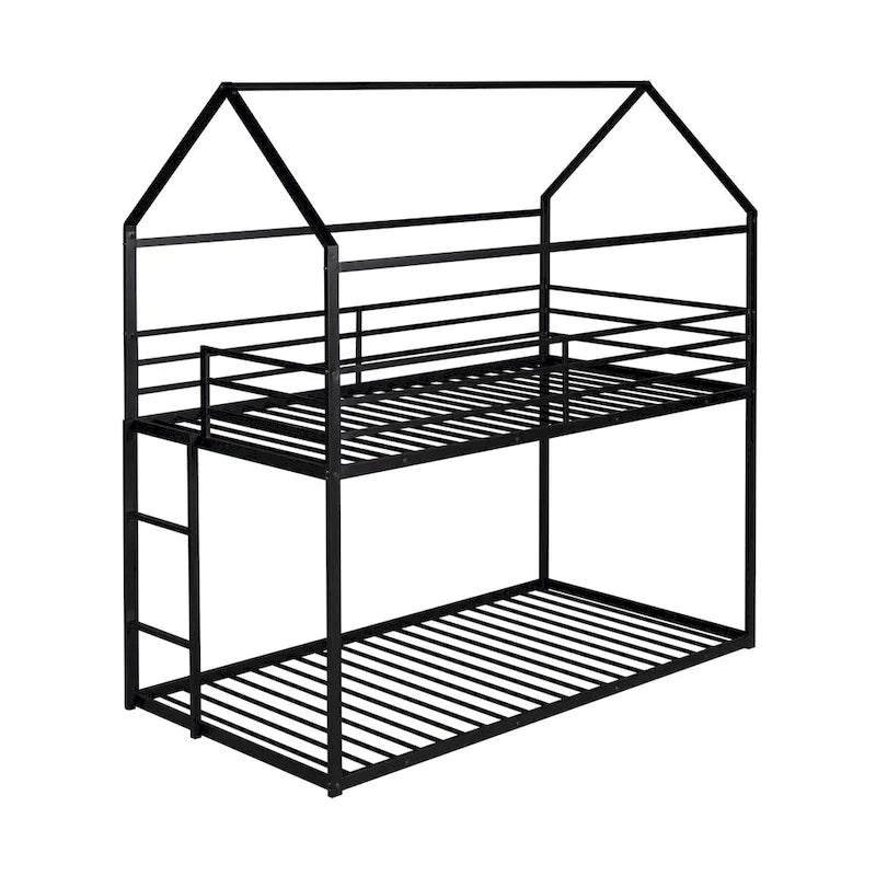 Lit superposé en métal de style cabane Noir/Blanc avec échelle, double sur double, pour 2 personnes