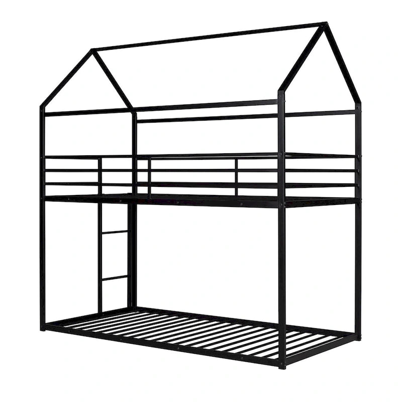 Lit superposé en métal de style cabane Noir/Blanc avec échelle, double sur double, pour 2 personnes