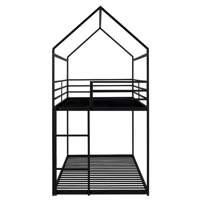 Lit superposé en métal de style cabane Noir/Blanc avec échelle, double sur double, pour 2 personnes