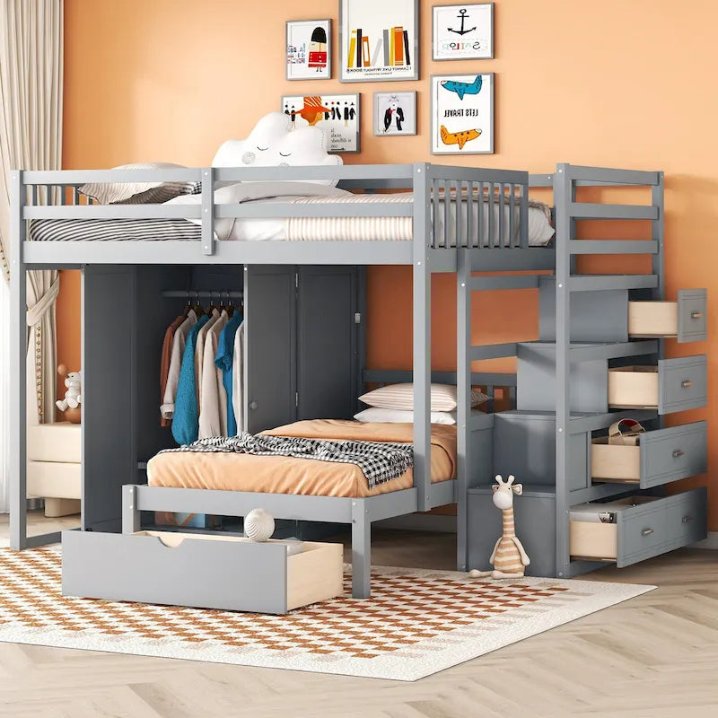 Lit superposé double / simple gris/blanc avec armoire et escalier de rangement, 2 personnes