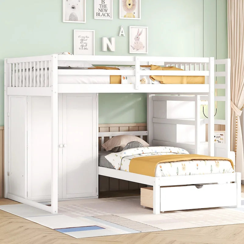 Lit superposé double / simple gris/blanc avec armoire et escalier de rangement, 2 personnes