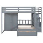 Lit superposé double / simple gris/blanc avec armoire et escalier de rangement, 2 personnes