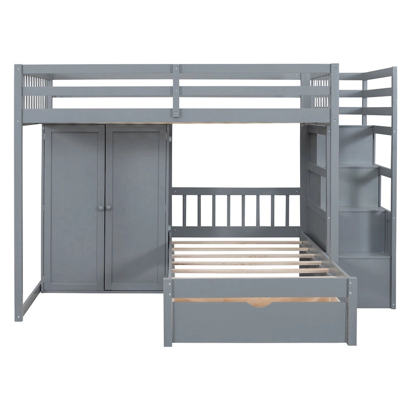 Lit superposé double / simple gris/blanc avec armoire et escalier de rangement, 2 personnes
