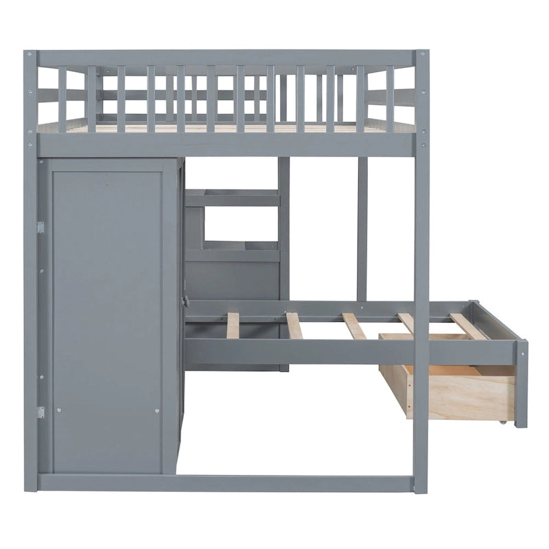 Lit superposé double / simple gris/blanc avec armoire et escalier de rangement, 2 personnes
