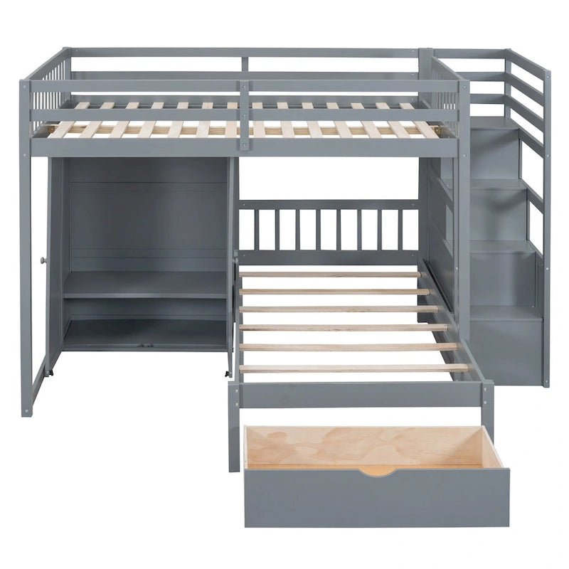 Lit superposé double / simple gris/blanc avec armoire et escalier de rangement, 2 personnes