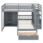 Lit superposé double / simple gris/blanc avec armoire et escalier de rangement, 2 personnes