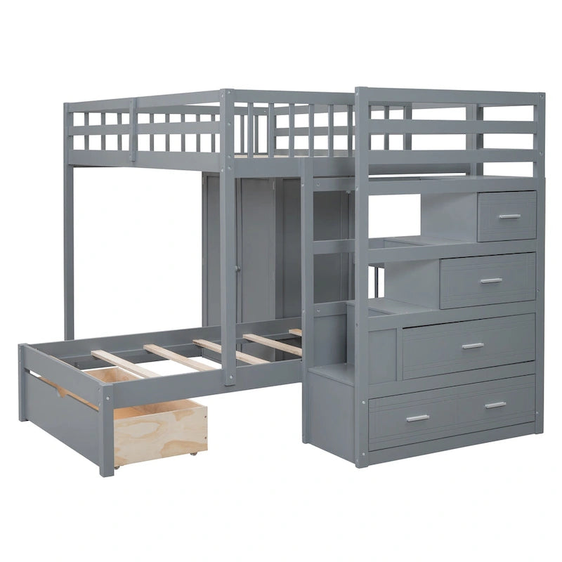 Lit superposé double / simple gris/blanc avec armoire et escalier de rangement, 2 personnes