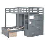 Lit superposé double / simple gris/blanc avec armoire et escalier de rangement, 2 personnes