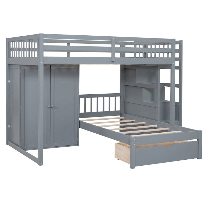 Lit superposé double / simple gris/blanc avec armoire et escalier de rangement, 2 personnes
