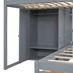 Lit superposé double / simple gris/blanc avec armoire et escalier de rangement, 2 personnes