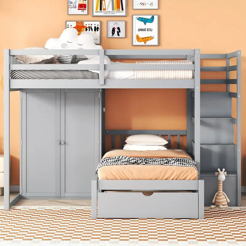 Lit superposé double / simple gris/blanc avec armoire et escalier de rangement, 2 personnes